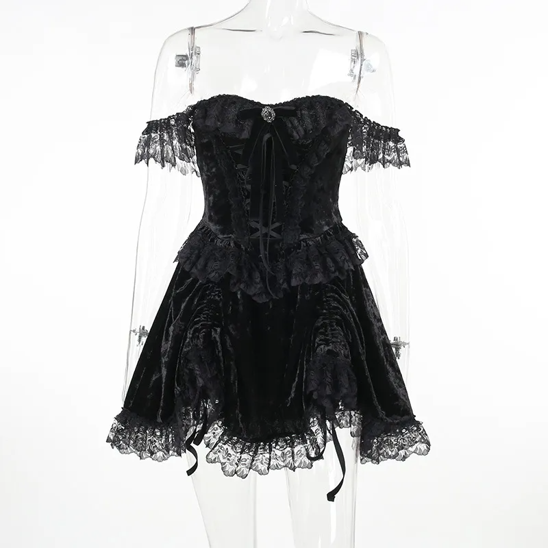 Women Sexy Gothic Off Shoulder Lace Strap Dress