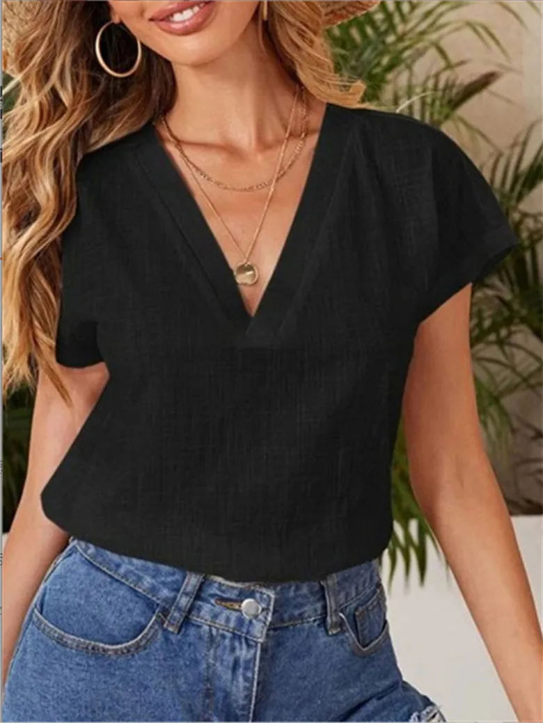 Women Casual Summer Solid Color Loose Short-Sleeved V Neck Short-Sleeved Blouse
