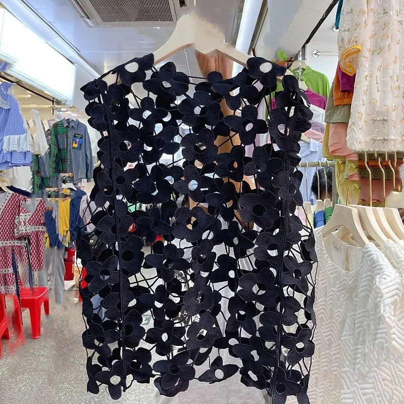 Fashion Women Simple Loose Fashion Hollow Out Lace Sleeveless Blouse