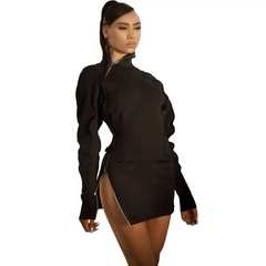 Women Fashion Solid Color Turtle Neck Zipper Dress