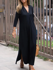 Women Solid V-Neck Split Casual Maxi Dress
