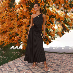 Women Fashion Slim Fit Oblique Shoulder Cutout Creased Dress