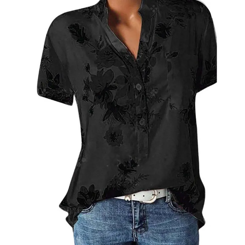Women Elegant Fashion Loose Casual Short Sleeves Tiny Flower Print V Neck Blouse
