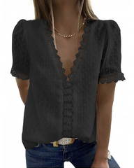 Deep V-Neck Chiffon Shirt Embroidered Lace Short Sleeve Women Blouse