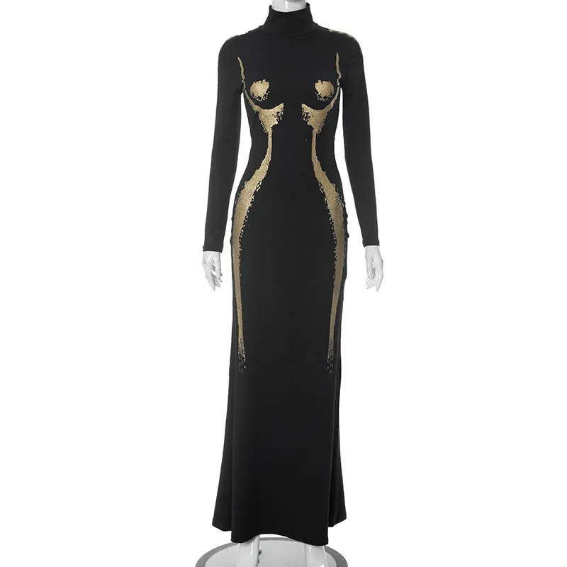 Women Fashion Print Long Sleeve Bodycon Maxi Dress