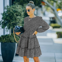 Women Fashion Leopard Ruffled Long Sleeve Dress
