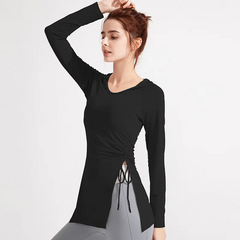 Women Fashion Solid Color Long Sleeve Drawstring Split Sports Yoga Top