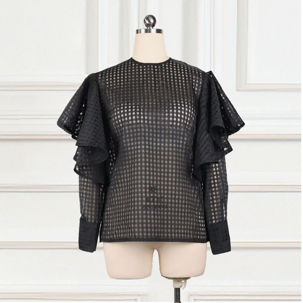 Women Solid Color Ruffled See-Through Blouse