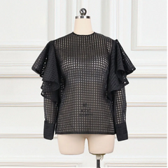 Women Solid Color Ruffled See-Through Blouse