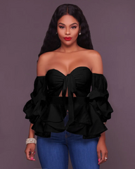 Fashion Elegnat Women Sexy Off-Shoulder Solid Color Ruffled Knotted Slim-Fit Long-Sleeved Blouse