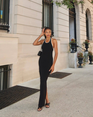 Women Fashion Sexy Halter Neck Crewneck Knit Split Backless Dress