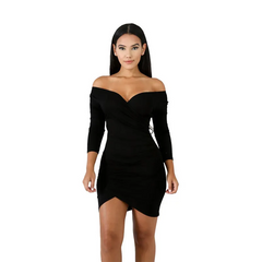 Women Solid Color Off Shoulder Long Sleeve Creased Wrap Dress