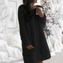 Winter Women Casual Plush Solid Color Long Sleeve Fluffy Dress