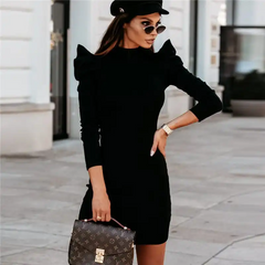 Women Fashion Solid Color Puff Sleeve Dress