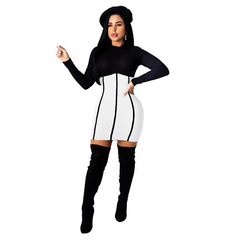 Women Fashion Round Neck Color Blocking Long Sleeve Dress