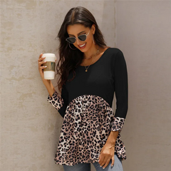 Women Fashion Leopard Print Patchwork Long Sleeve Top