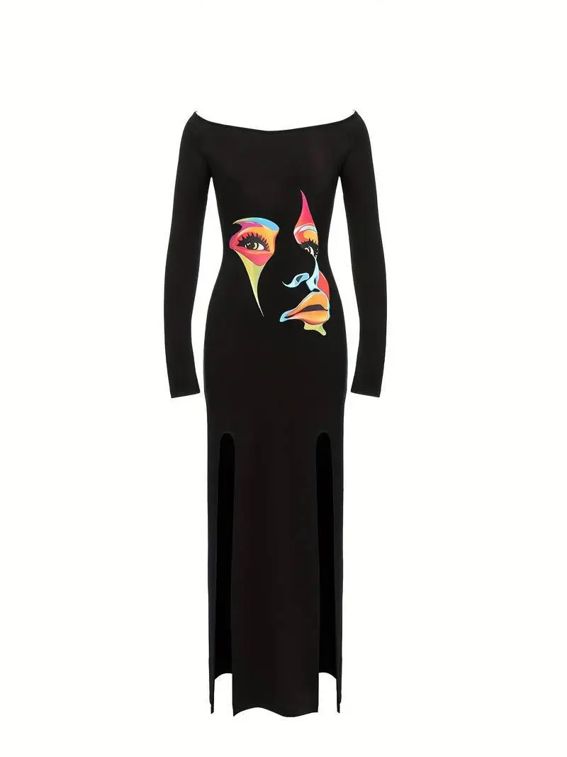 Women Fashion Sexy Off Shoulder Face Print Long Sleeve Split Maxi Dress