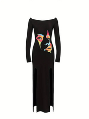 Women Fashion Sexy Off Shoulder Face Print Long Sleeve Split Maxi Dress