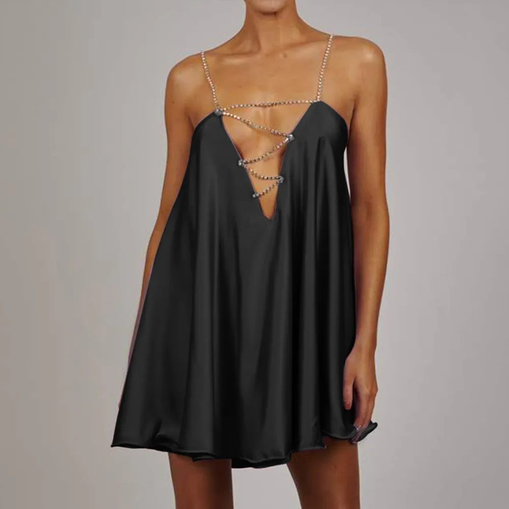 Wmen Night Out Sexy Edgy Summer Cut Out Chain Solid Color Sleeveless Ruffled Satin Mini Dress