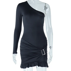 Women Fashion Sexy Oblique Shoulder Solid Color Ruffle Mini Dress