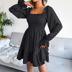 Women Fashion Square Neck Flared Long Sleeve Ruffle Swing Dress