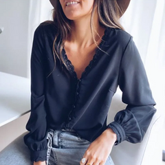 Women Plain Lace Patchwork Long Sleeve Casual Blouse