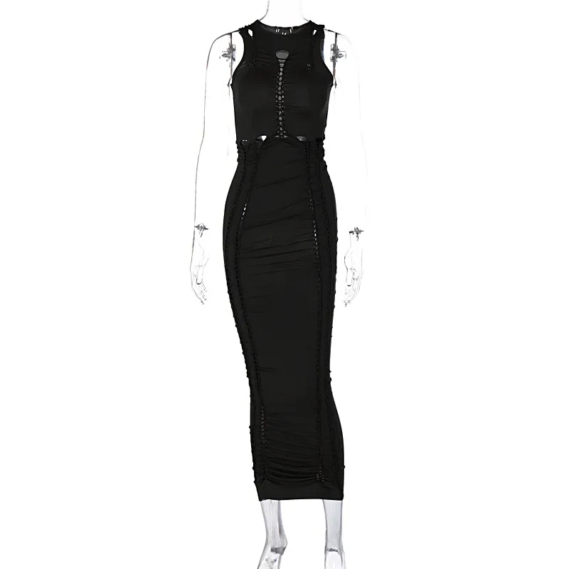 Women Sexy Solid Color Hollow Out Round Neck Sleeveless Maxi Bodycon Dress