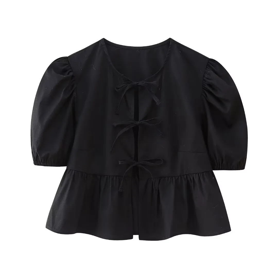 Women Sweet Casual Puff Sleeve Bow Knot Ruffled Stripe Leopard Blouse