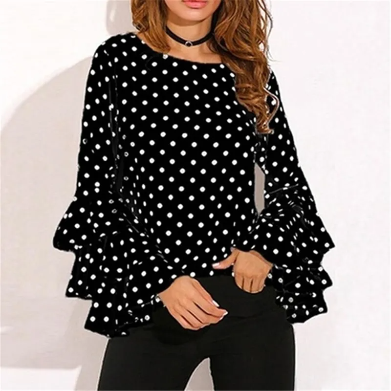 Women Plus Size Elegant Casual Polka Dot Round Neck Ruffled Long Sleeves Blouse