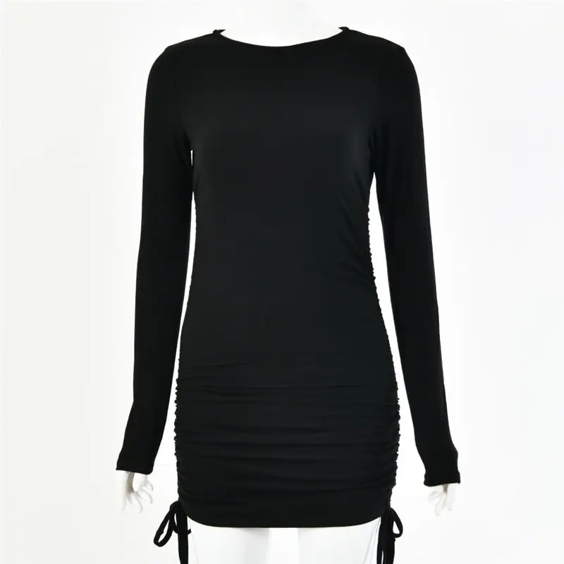 Women Fashion Solid Color Long Sleeve Drawstring Dress