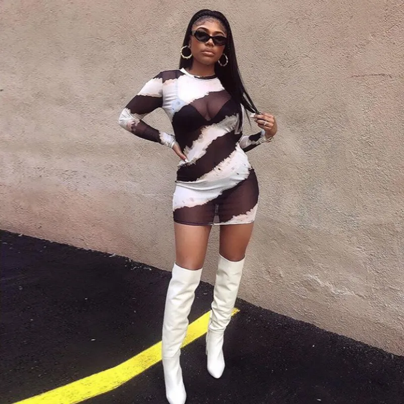 Women Sexy Stripe Printing See-Through Long Sleeve Mini Dress