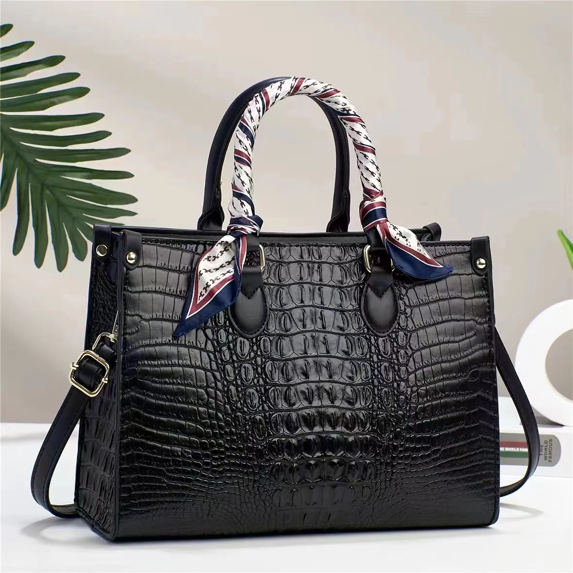 Women Simple Crocodile Print Large Capacity Silk Scarf Embellished Tote