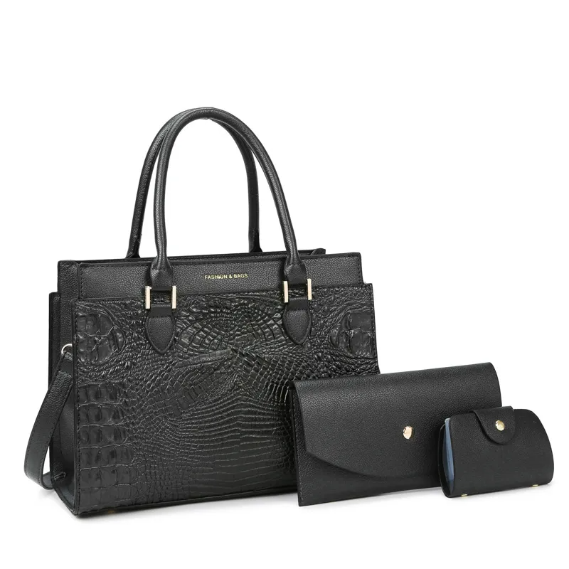 Women Fashion Retro Large Capacity Crocodile Pattern Handbag Purse Set