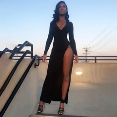Women Fashion Solid Color V Neck Side-Slit Dress