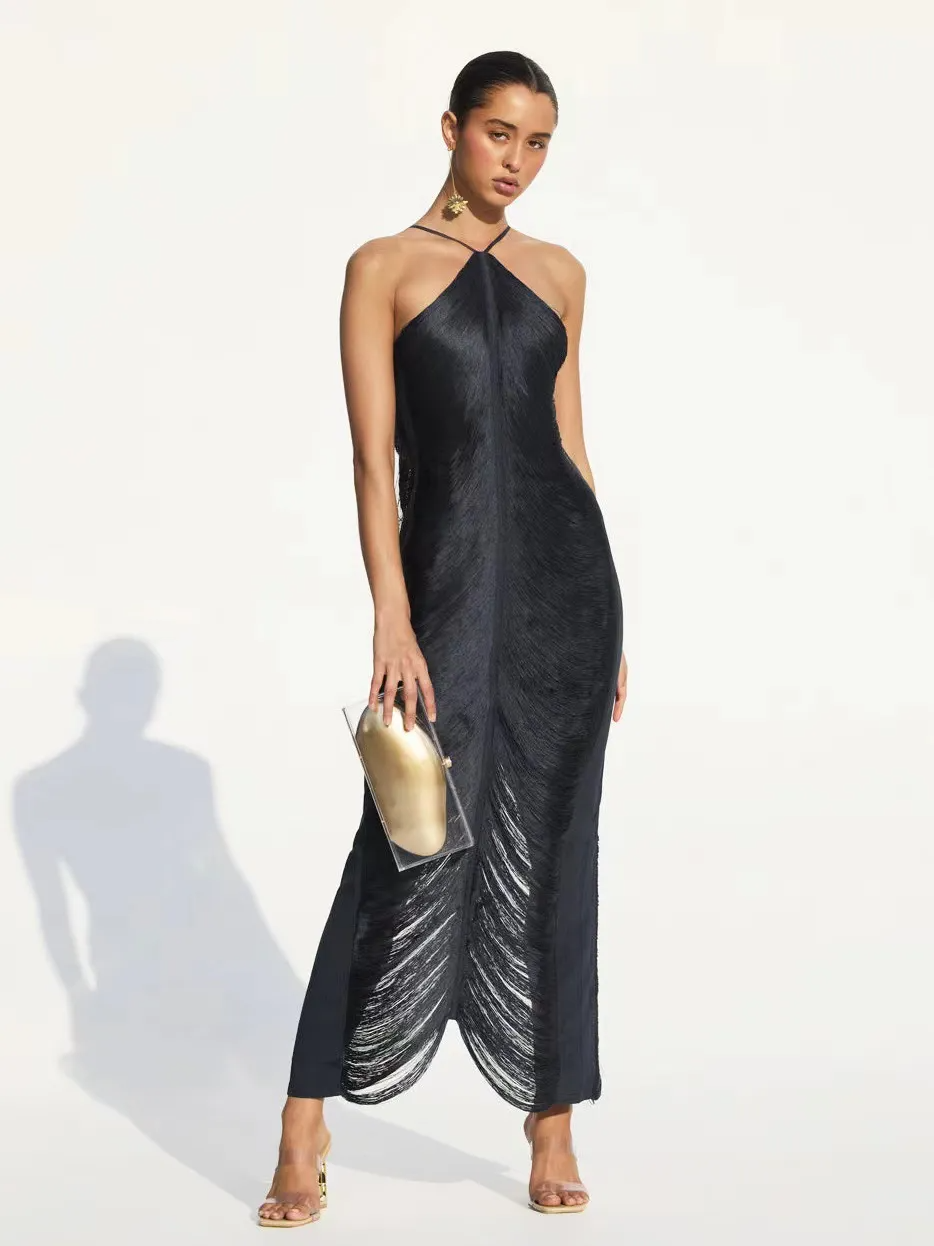 Women Fashion Tassel Back Slit Halter Neck Evening Party Maxi Dress
