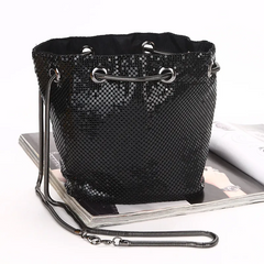 Women Chic Sequin Design Solid Color Shoulder Handle Drawstring Evening Bag