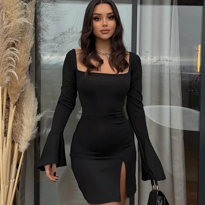 Long Sleeve Side Slit Bodycon Dress