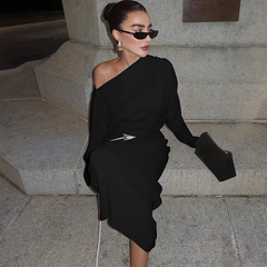Slant Shoulder Long Sleeve Bodycon Maxi Dress