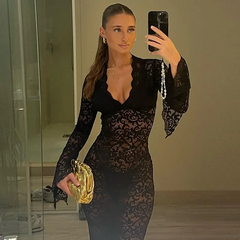 V-Neck Lace Perspective Long Sleeve Bodycon Maxi Dress