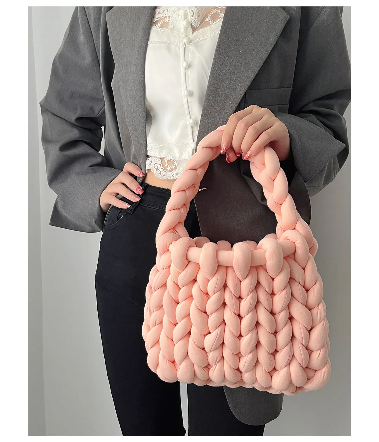 omen Fashion Solid Color Hand-Woven Wool Handbag