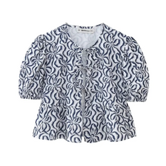 Women Sweet Casual Puff Sleeve Bow Knot Ruffled Stripe Leopard Blouse
