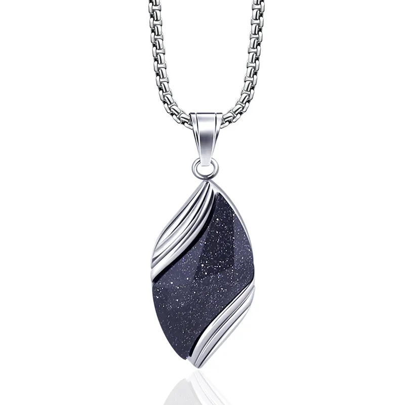 Men'S Casual Blue Sand Stone Titanium Steel Pendant Necklace