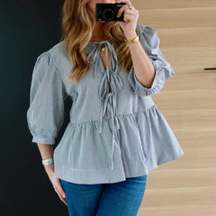 Spring And Summer Women Fashion Stripe Puff Sleeve Bow Knot Blouse