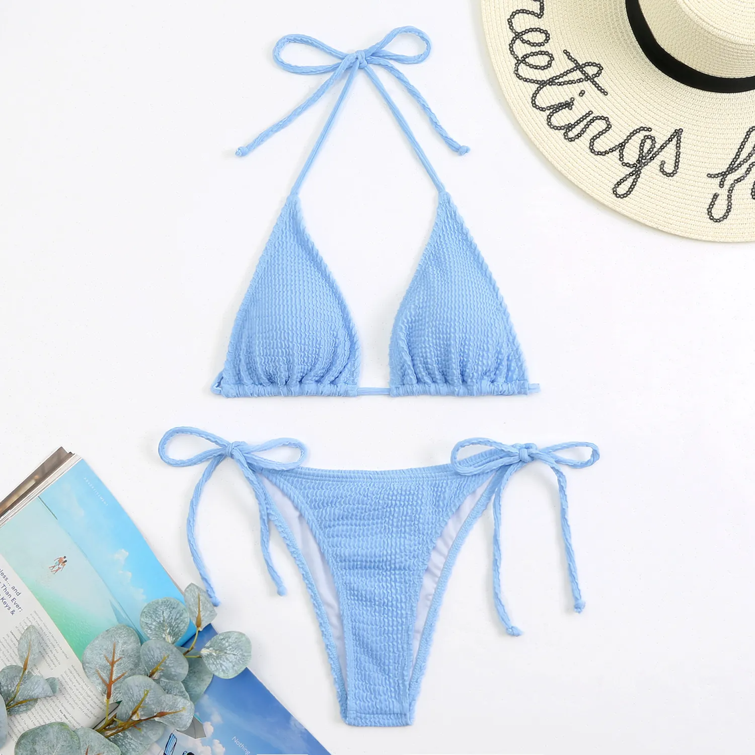 Women Fashion Sexy Fluorescent Color Ruffled Tether Bikini Swimsuit Two-Piece Set
