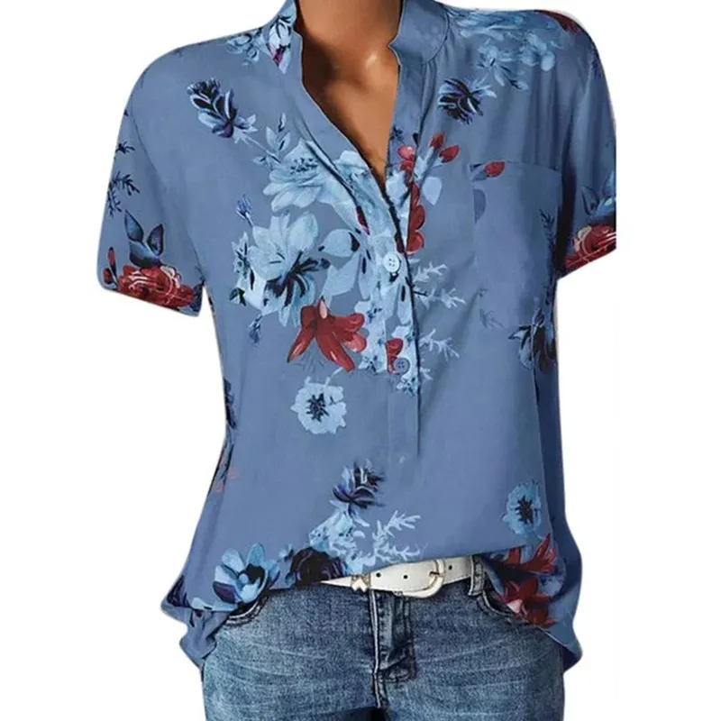 Women Elegant Fashion Loose Casual Short Sleeves Tiny Flower Print V Neck Blouse