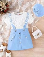 Children Kids Toddlers Fashion Girls Basic Casual Short Sleeve Lace Top And Straps Skirt Set