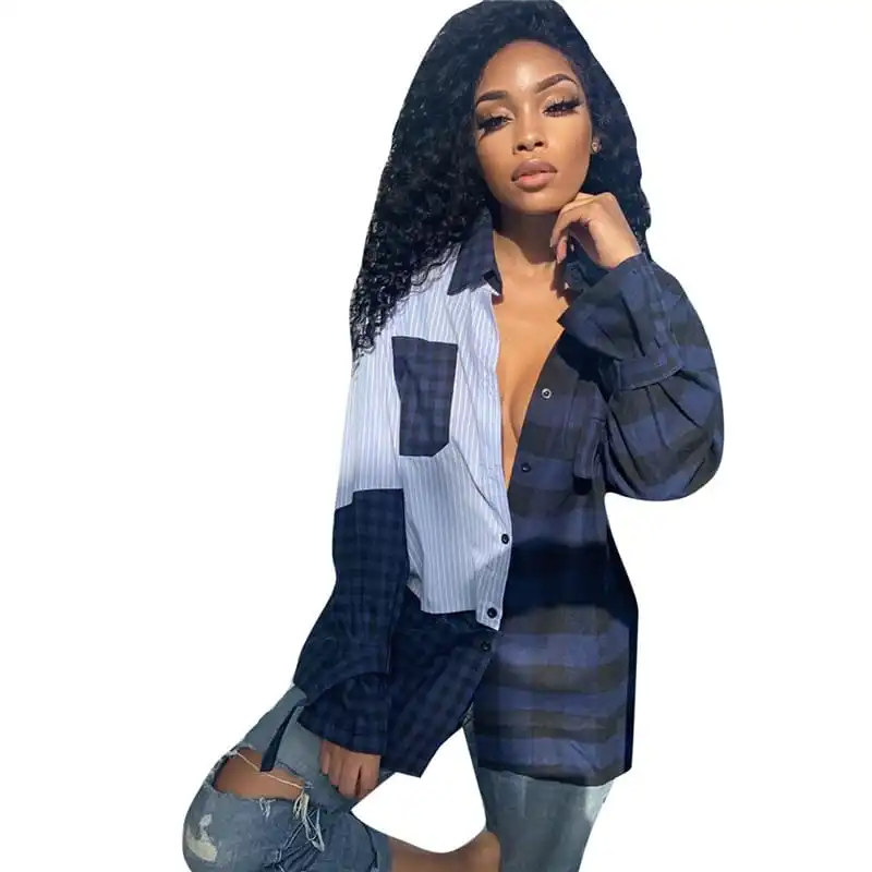 Women Lapel Color Blocking Patchwork Plaid Blouse