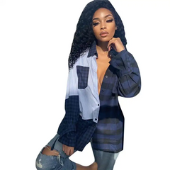 Women Lapel Color Blocking Patchwork Plaid Blouse
