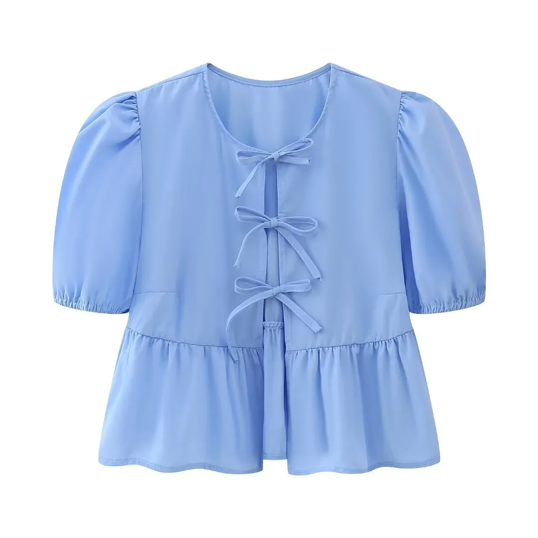 Women Sweet Casual Puff Sleeve Bow Knot Ruffled Stripe Leopard Blouse
