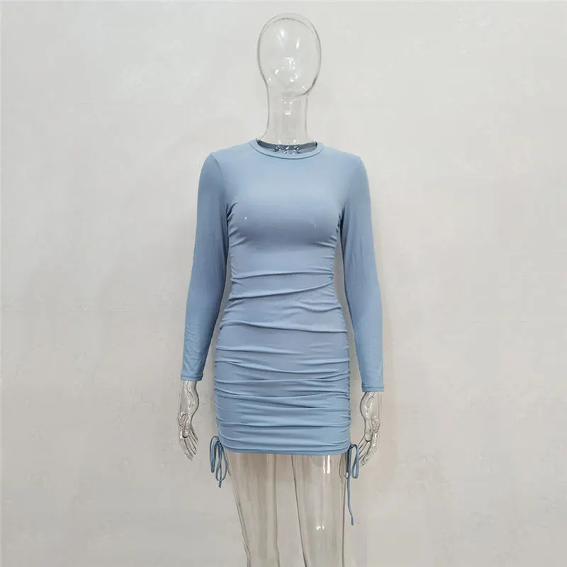 Women Fashion Solid Color Drawstring Bodycon Dresses